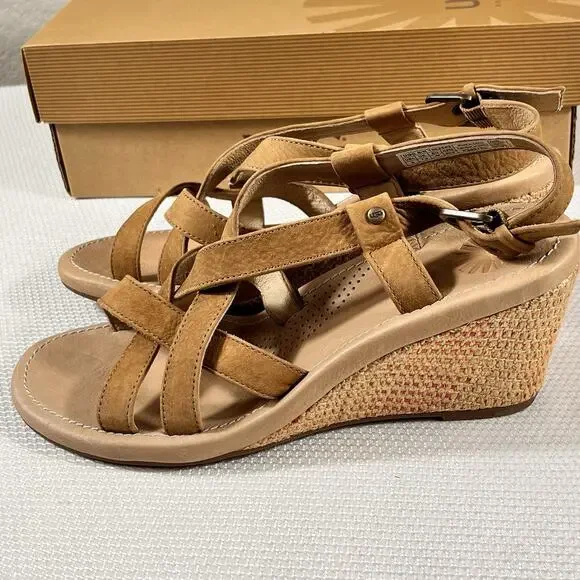NIB Ugg Wedge High Heel Strappy Sandals Size 9 Brown Leather‎ - Picture 9 of 16